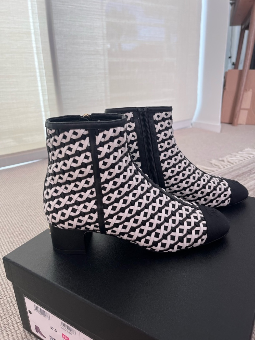 CHANEL Black and White Woven Logo Ankle Booties - Picture 2 of 5